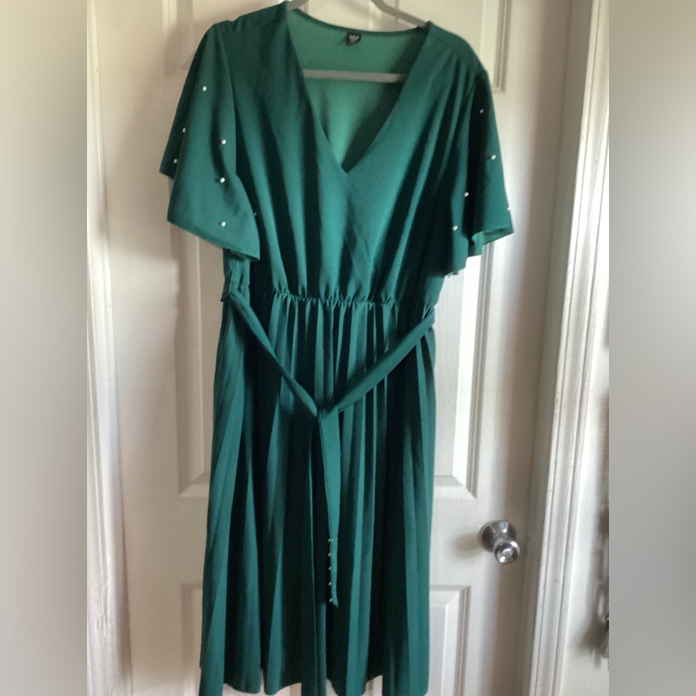 SHEIN Emerald Teal Midi Dress with V-Neck pearl flutter sleeves 3xl